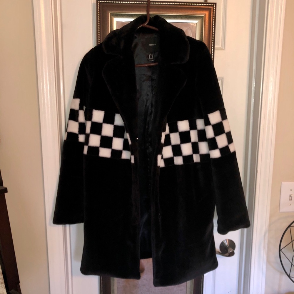 Black and white checkered faux fur jacket